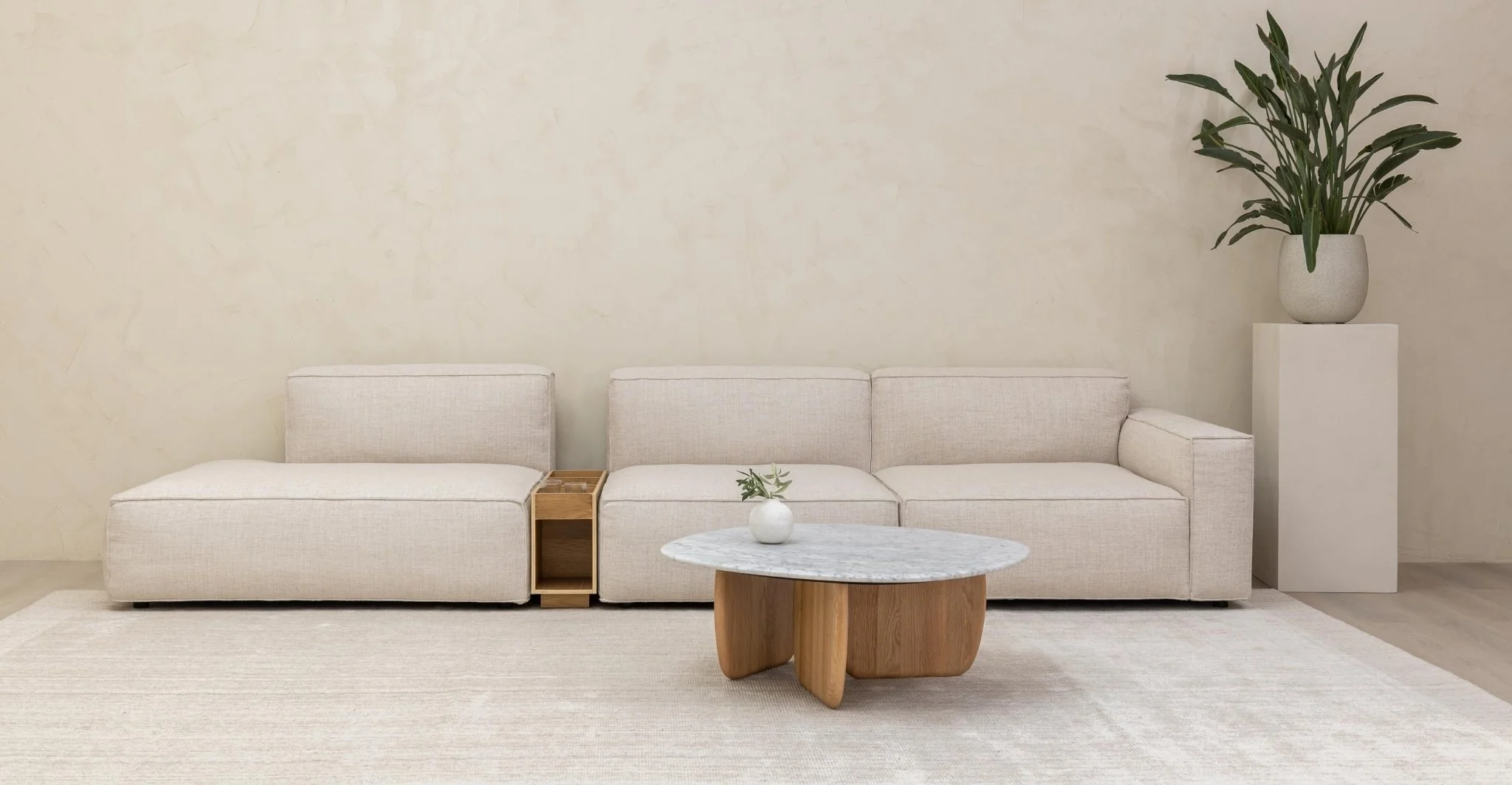 Baker Large Open End Sofa With Storage Table - Oatmeal