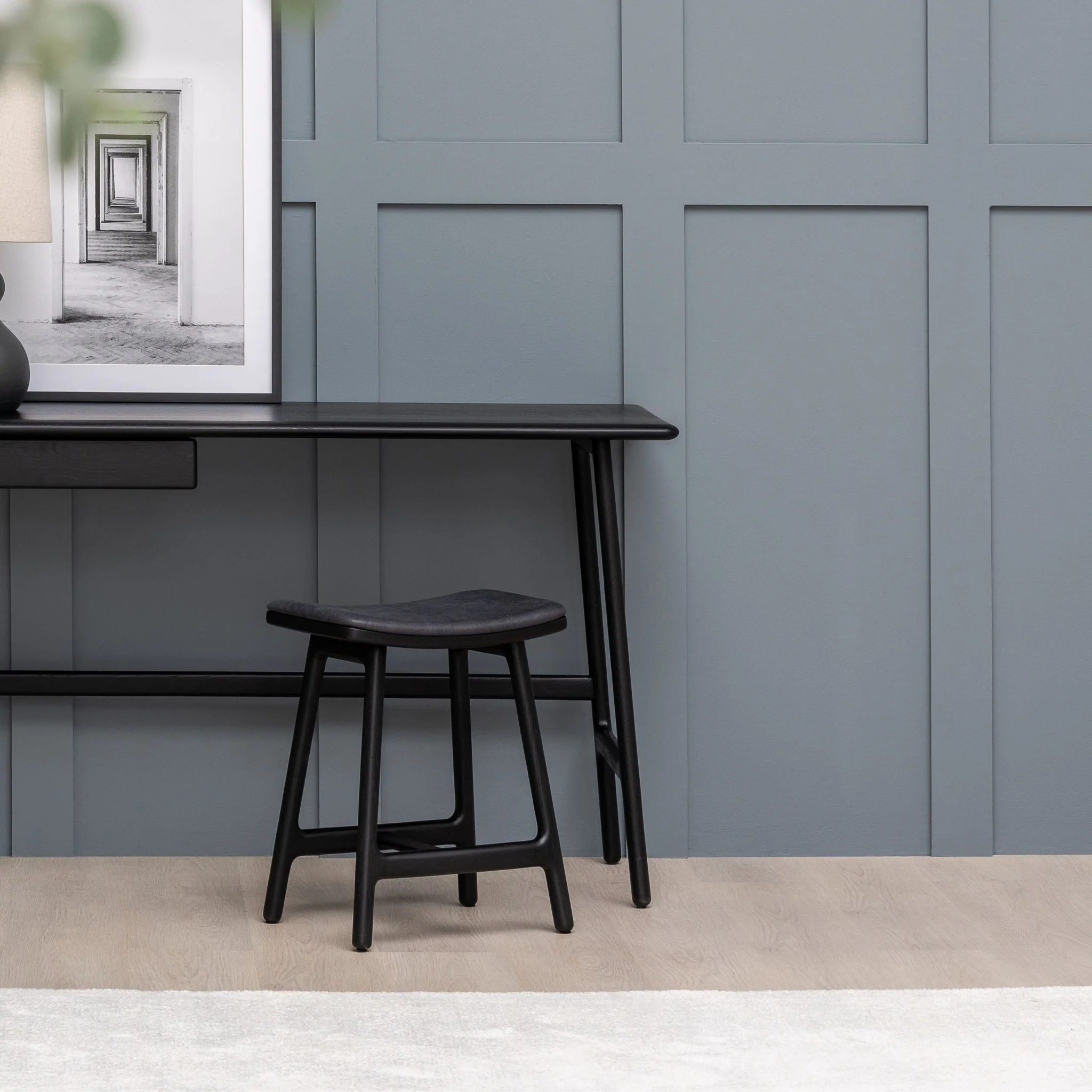 Odd Low Stool - Black Oak &  Charcoal Leather - Image 2
